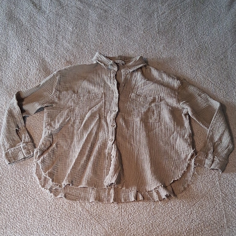 Miou Muse Chic Beige Cotton Textured Button-Up Blouse Large